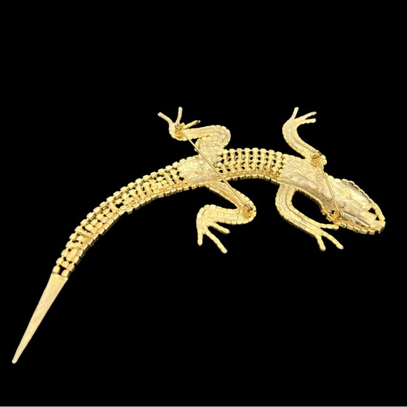 Vintage Articulated Pave’ Rhinestone Gold Toned Lizard Gecko Shoulder Brooch - Picture 11 of 16